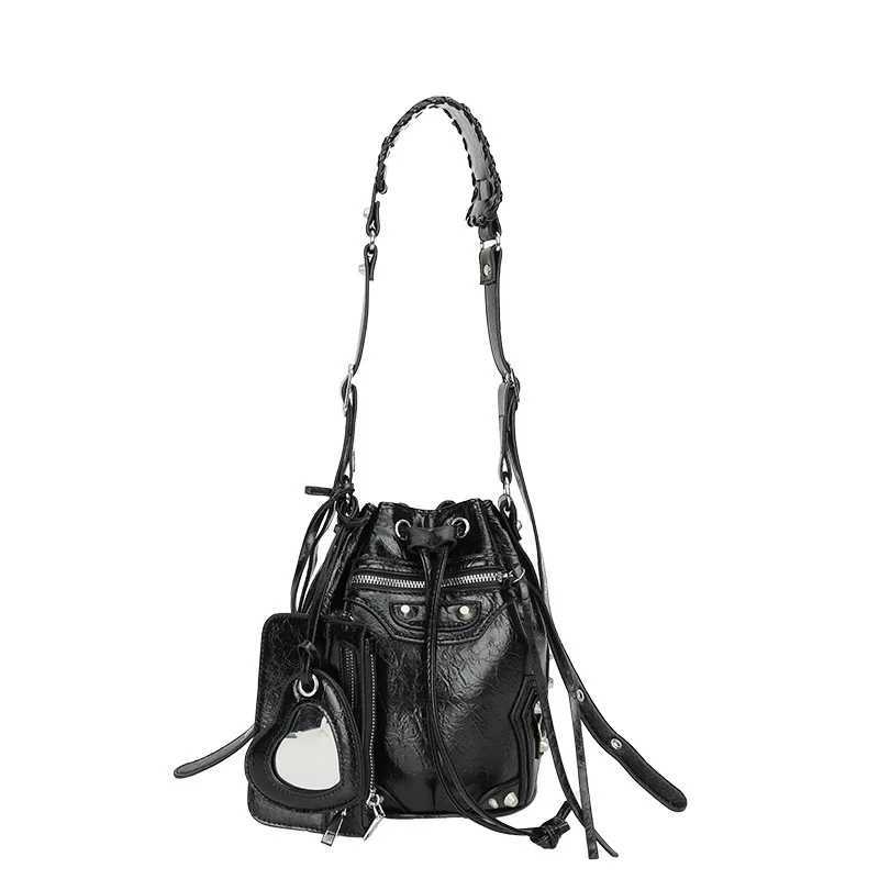 2025 Hardware Punk Crossbody Bag for Women Studded Drawstring Bucket Bag Edgy Shoulder Purse with Mirror Wallet 2 Pcs SetT251213