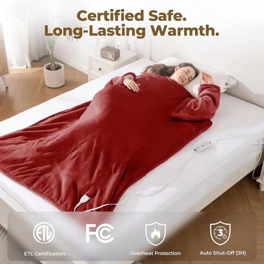 Heated Blanket with Foot Pocket Sleeves 5-Setting Electric Robe Auto-Off Washable 50x70 Red Y251212