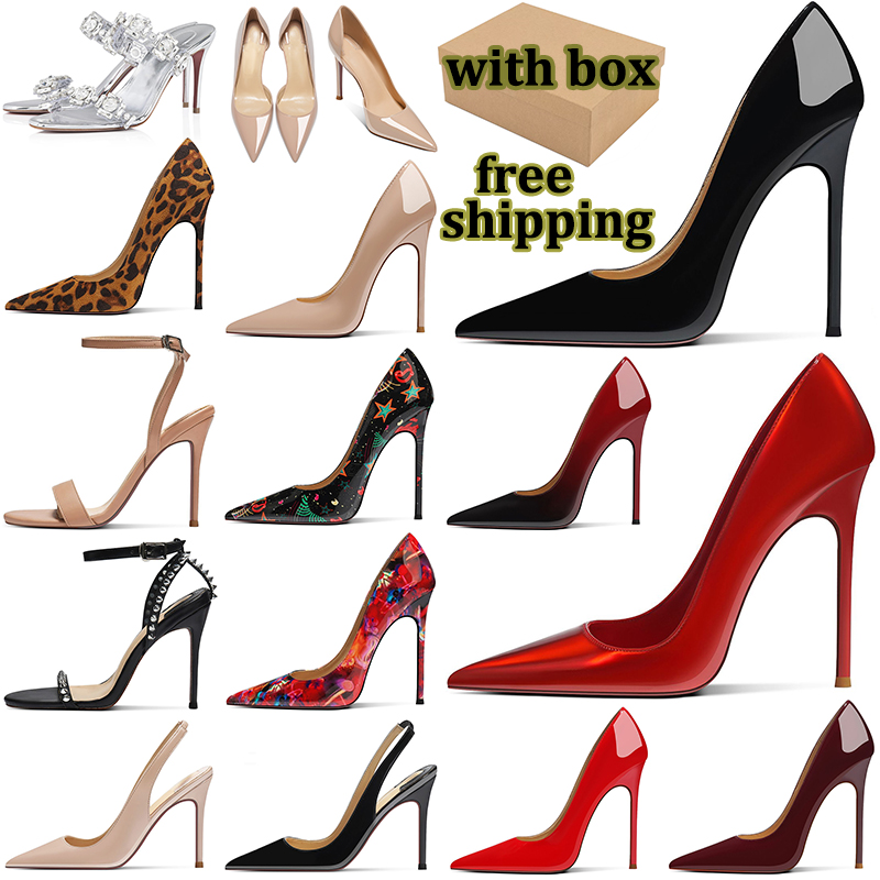 free shipping with box women luxury heels designer lady dress shoes pumps sparkly patent leather womens high heel party wedding black nude silver