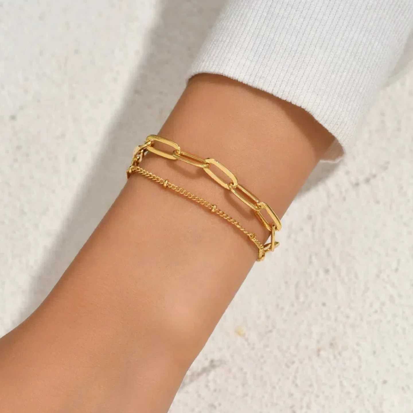 Punk Doube Layered Paperclip Beads Chain Link Female Gold Color Stainless Steel Chain s for Women Jewelry Gift M251213