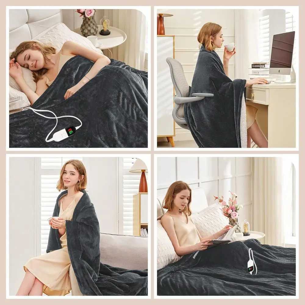 Queen Size 84x90 Electric Heated Blanket - 6-Level Warmth Dual Controls Fast Heating Sherpa Flannel Auto-Off Washable Grey Y251212