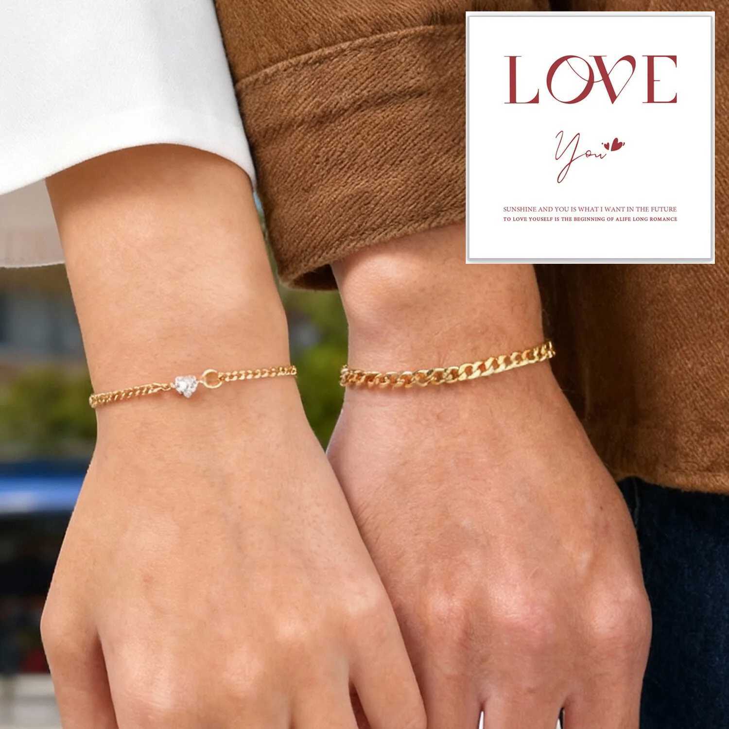 Gold Color Chain for Couple Women MenStainless Steel Heart Shape Zircon Adjustable WristbandValentines Day Gift M251213