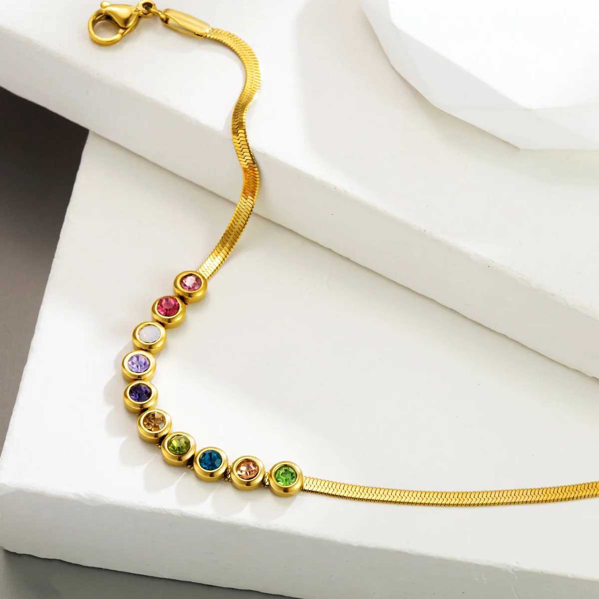 18K Gold Plated Stainless Steel Multi Color Zircon Herringbone Chain for Women M251213