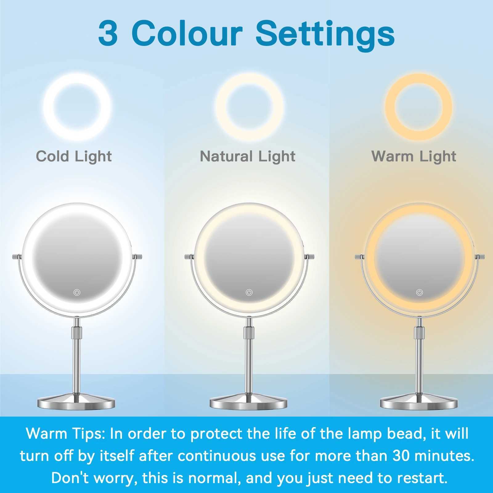 8 Inch Makeup Mirror With Light Lamp 10X Magnification 3 Color LightsAdjustable Brightness Height Standing Cosmetic MirrorT251213