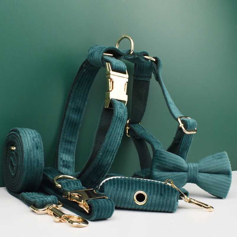 5PCS SET Corduroy Dog Collar And Leash Set with Poop Bags Custom Engraved Nameplate Dog Harness for Pets M251213