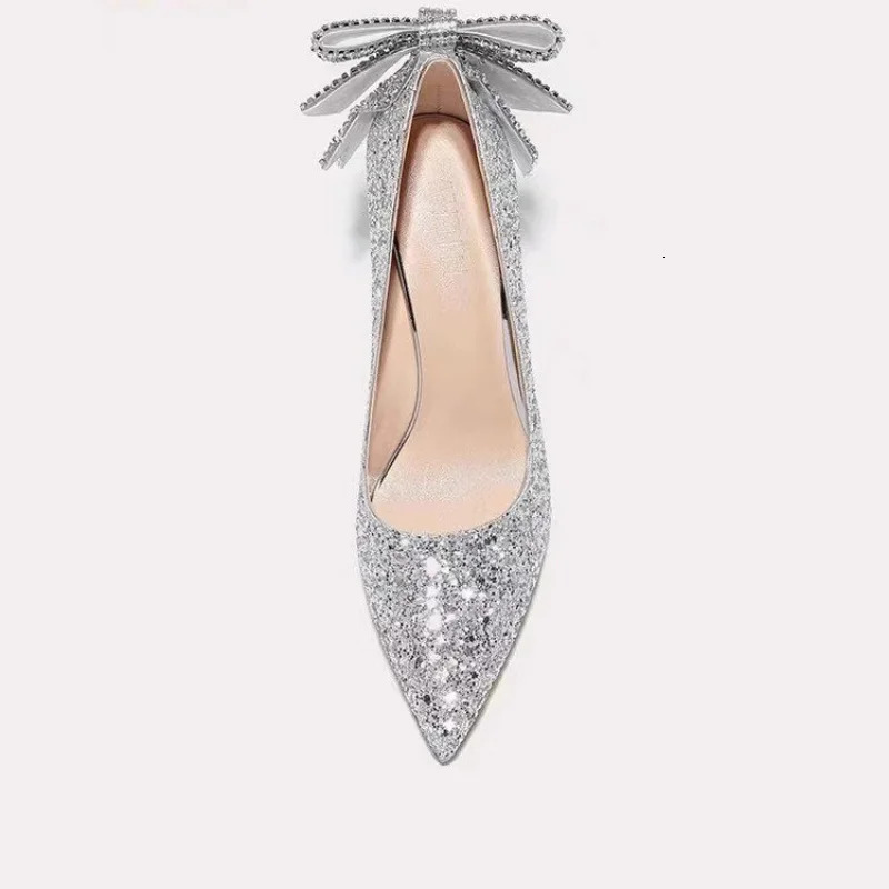 French Wedding Shoes Woman Silver High-heeled Shoes Sequin Dress Pumps Elegant Spring Rhinestone Bow Sweet Crystal Womens Shoes 251209