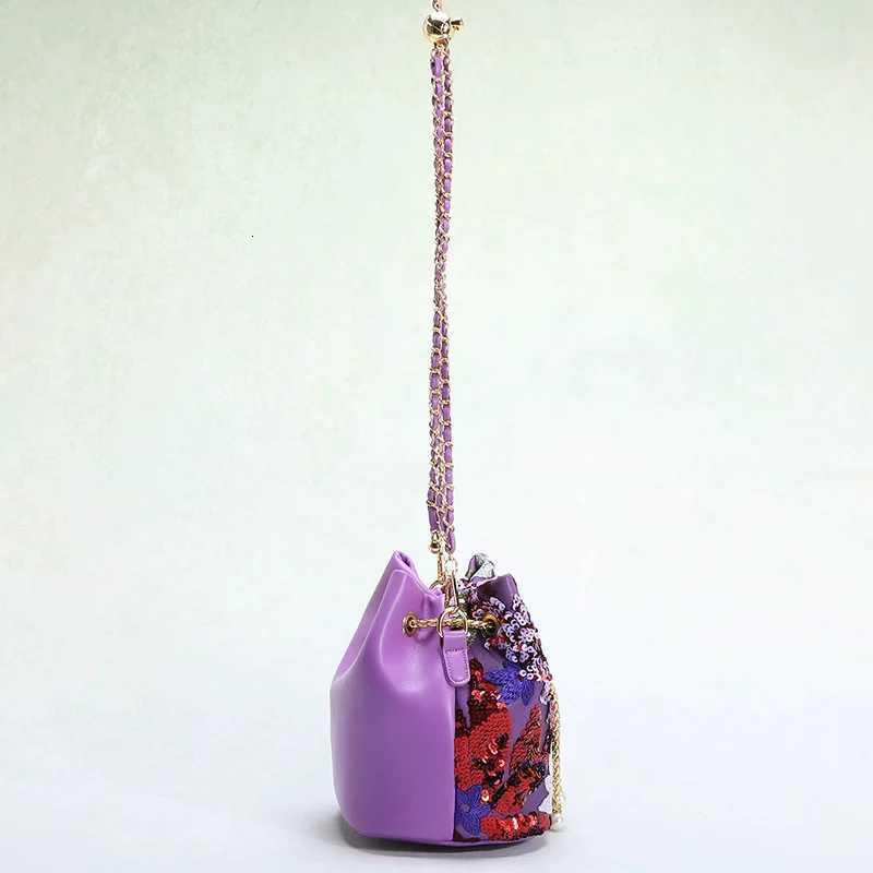 Ladies Crossbody Bag Floral Embroidered Sequined Patchwork Contrast-Colour Trendy Elegant Womens Drawstring Chain Bucket BagT251213