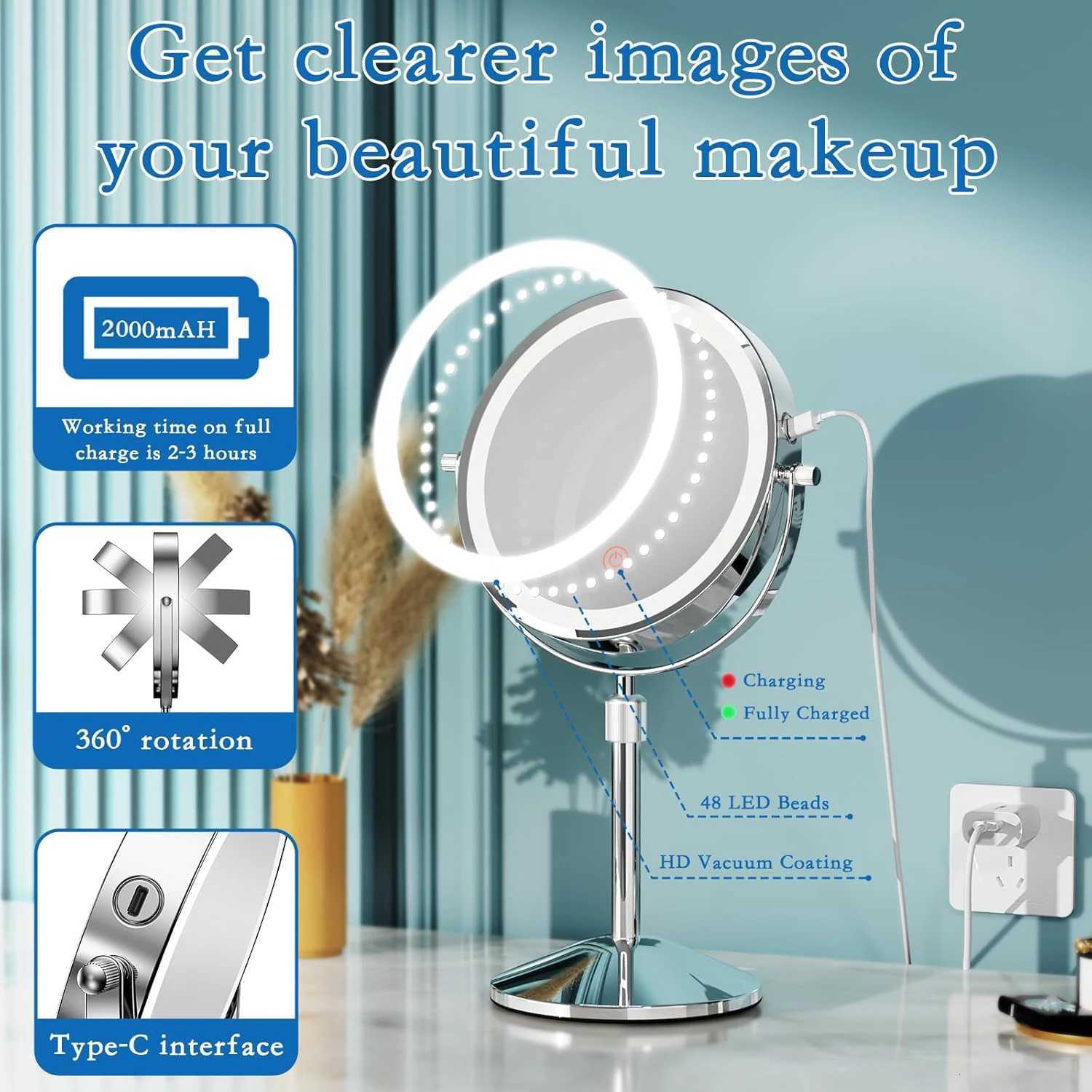 8 Lighted Makeup Mirror Vanity Mirror 2000mAh Rechargeable Height Adjustable 1x/10x Magnifying Double Sided Mirror Women GiftT251213