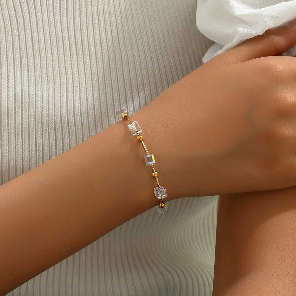 Elegant Retro Adjustable Stainless Steel with Square And round Beads Gold Chain Link Fashion Accessory M251213