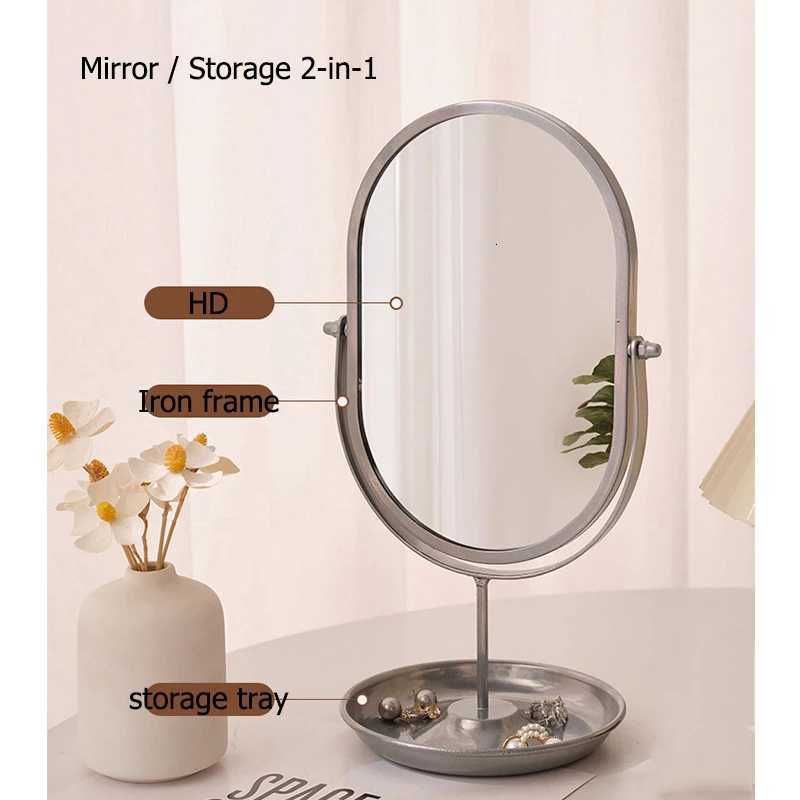 New Desktop Makeup Mirror Household Bedroom Vanity Mirror Iron Frame Oval Cosmetic Mirrors Two Style Flat Base and Storage BaseT251213