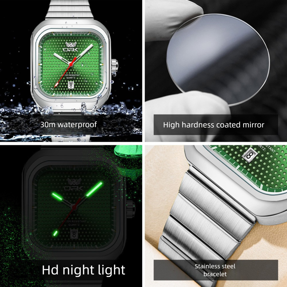 OPK Designer Men's Watch Square Fashionable Steel Band Men's Watch Luminous Waterproof Luxury Outdoor Sports Wristwatch Free Shipping
