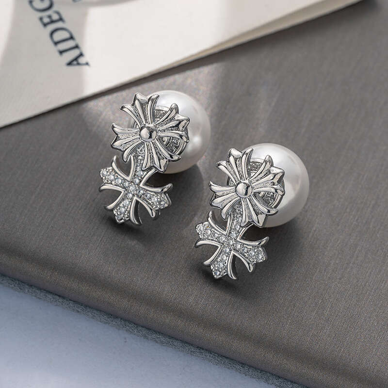 Cross Pearl for Women High-end Personality Fashion Internet Celebrity Versatile Stud European and American Light Luxury Niche Earrings