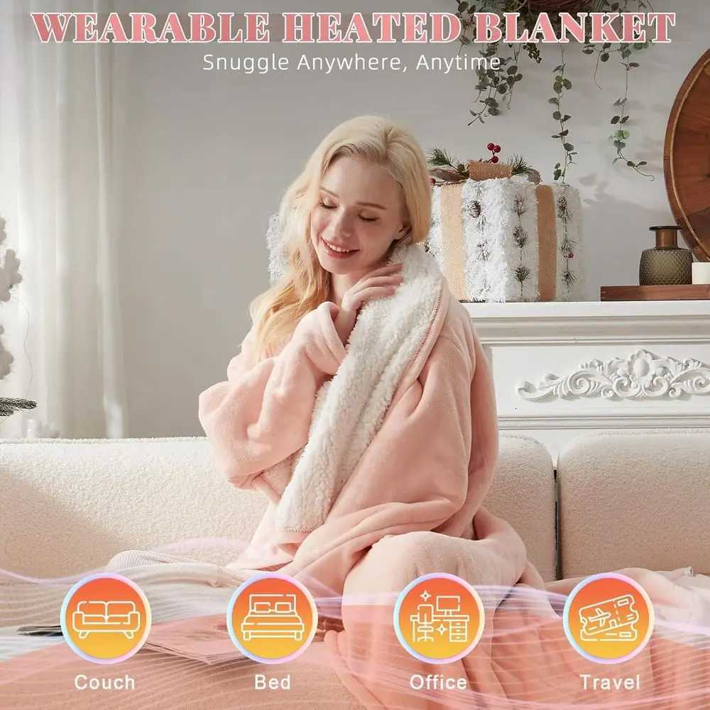Wearable Electric Blanket with Foot and Sleeve Pockets 10 Heat Settings Auto-Off 50x70 Pink Flannel Sherpa Throw Y251212