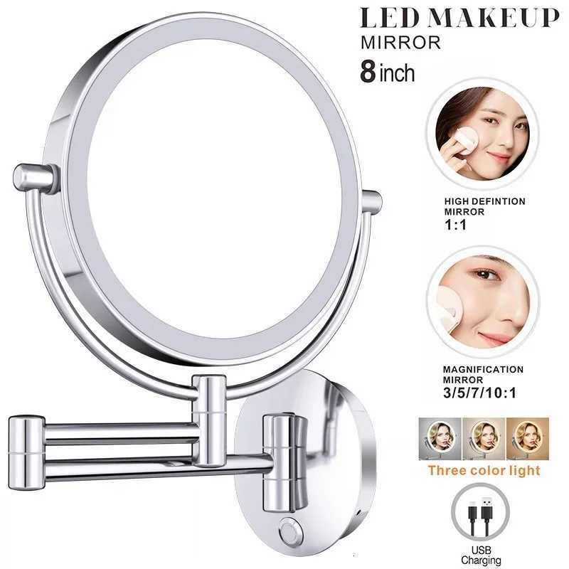2025New 8 Inch Makeup Mirror Chrome 10x Magnifying Double Side USB Charging Bathroom 3 Color Light Smart Cosmetic Mirrors MakeupT251213
