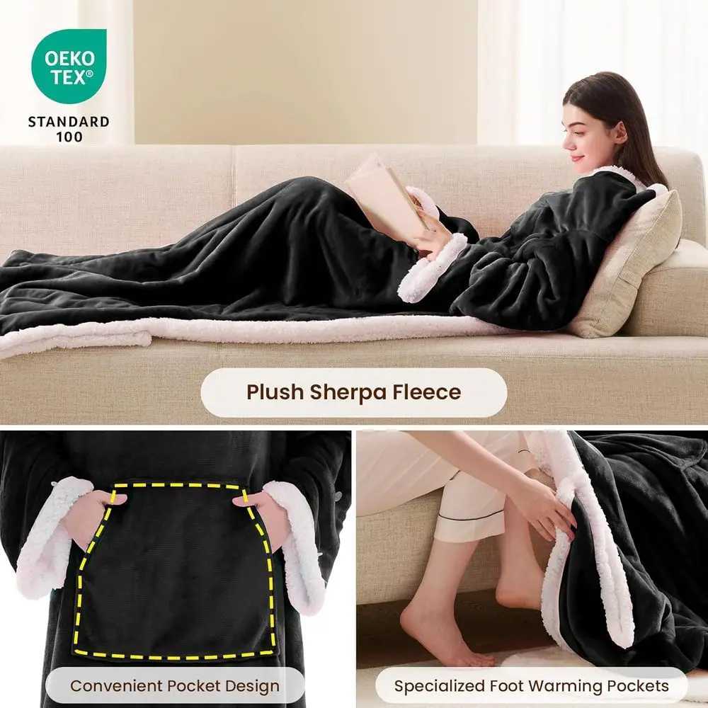 10-Level Adjustable Heated Wearable Blanket with Sleeves and Foot Pockets for Adults - 50x75 Black Flannel Hoodie Y251212