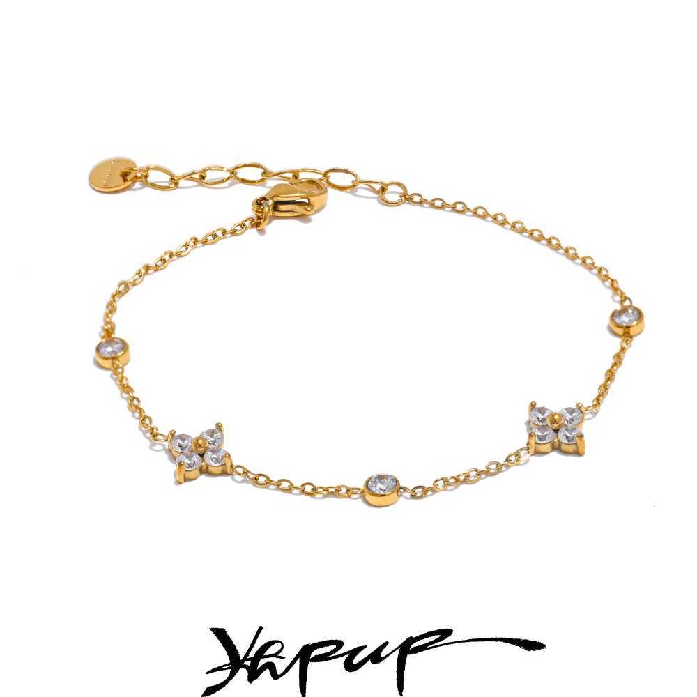 Yhpup Delicate Cubic Zirconia Flower Chain Thin Bangle Stainless Steel Rust Proof Office Ladies Chic Jewelry New Gift M251213