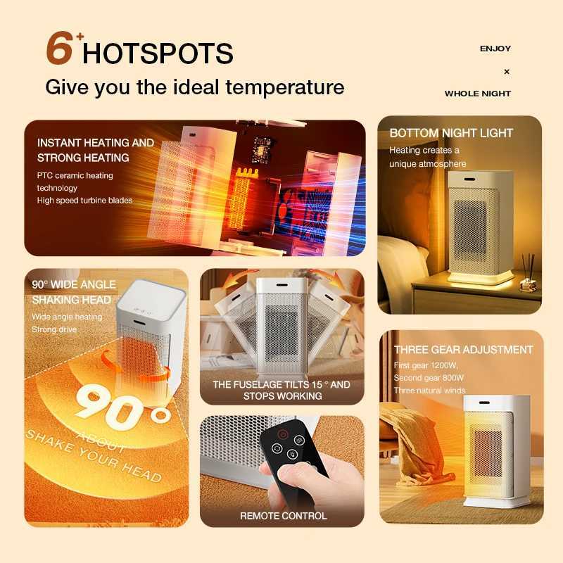 Portable PTC ceramic electric heater with multi-stage adjustment silent small household fan and night light heater Y251213