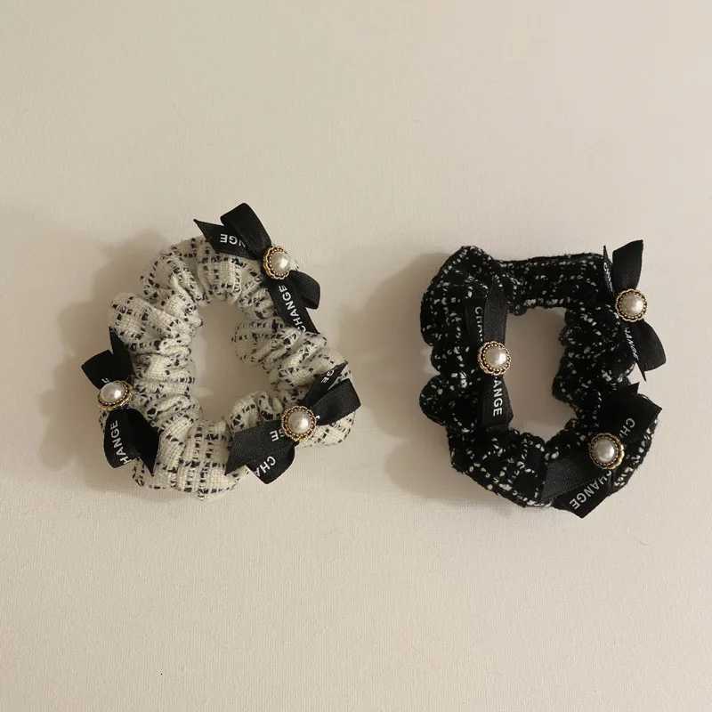Paris Black White Stripe Hairbands Rubber Bands French Luxury Letter Pearl Hair Ties 2pcs Woolen Plaid Elastic Hair Accessories Y251213