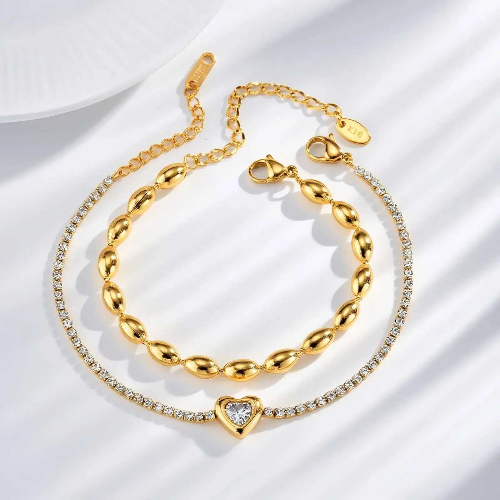 Stainless Steel Heart-shaped Rhinestone for Women Oval Beaded Layered Waterproof Hand Wristband M251213