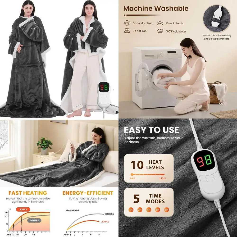 Wearable Heated Blanket with Sleeves Foot Pockets - 10-Level Adjustable Flannel Hoodie for Adults 50x75 Grey Y251212