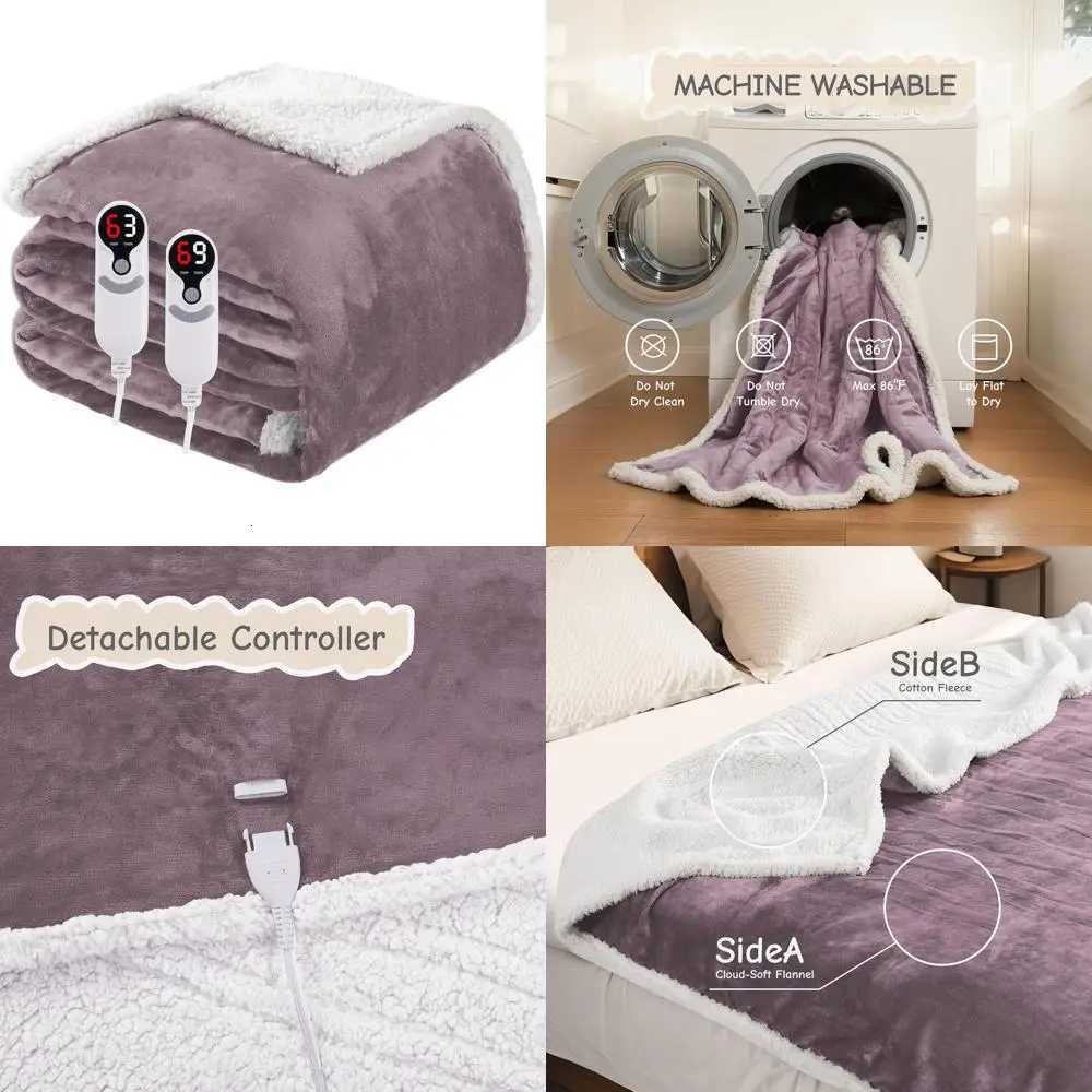 Queen Size 84x90 Electric Blanket Purple Flannel Dual Controls 6 Heat Levels Auto-Off Timer Y251212