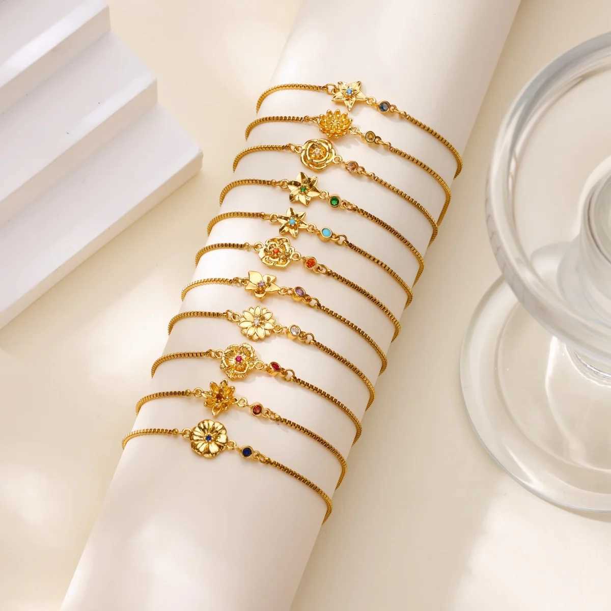 Birth Flower for Women Girl Gold Plated Stainless Steel s Cubic Zirconia Charm Wrist Jewelry Freeshipping Items M251213