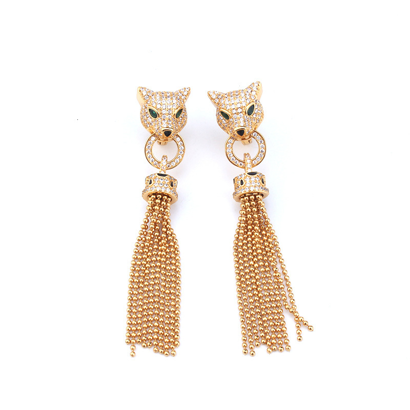 European and American Style Elegant Luxury Gold Leopard Tassel Earrings Fashionable and Graceful Leopard Head Necklace Women's Jewelry Set