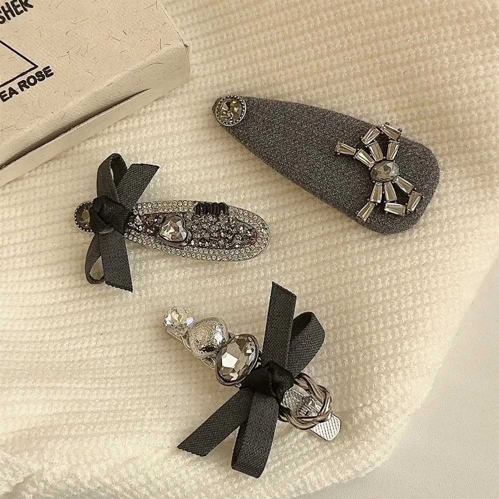 Exquisite Gray Crystal Canvas 3pcs Hair Clips Gem Barrettes Set Fashion Classic Rock Gray Bow-knot BB Clips Bangs Clip Wholesale Y251213
