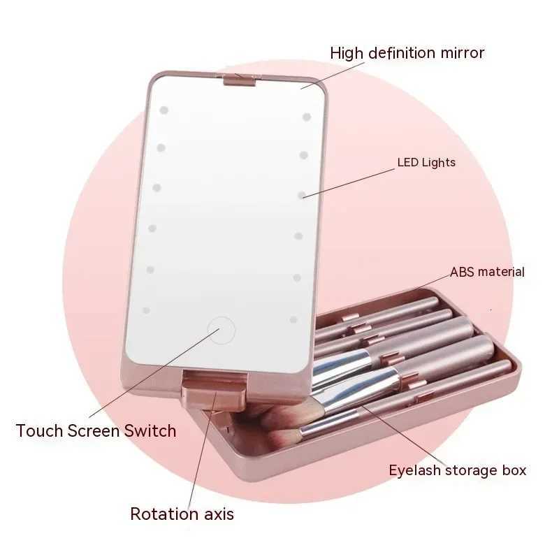 Rotatable LED Makeup Mirror Travel 5Pcs Makeup Brush USB Rechargeable with LED Mirror Case Adjustable Makeup Brush OrganizerT251213
