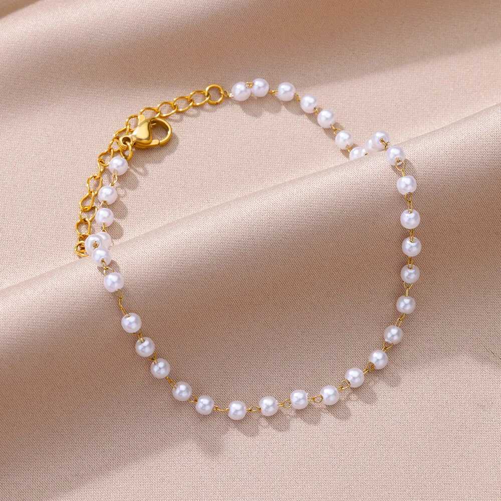 Imitation Pearl Anklets for Women Summer Beach Accessories Stainless Steel Chain Anklet Gold Color Leg s Bodychain Gifts M251213