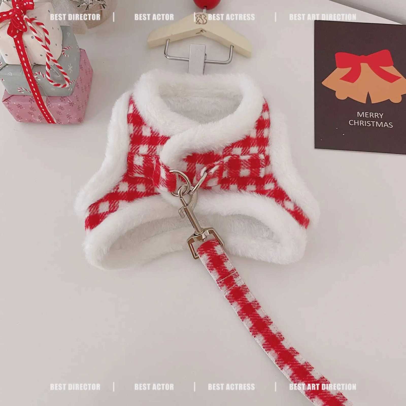 Pet New Years Plaid Traction Set Clothes Dog Cat Vest Harnesses Thick Velvet Autumn Winter Teddy Christmas and New Year Coat M251213