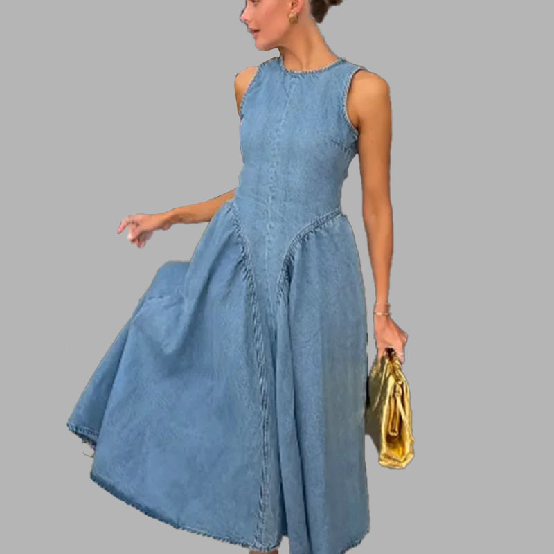 2025 Summer Solid Color Fashion Round Neck MidLength WaistCinching Sleeveless Vest Dress for Women 250526