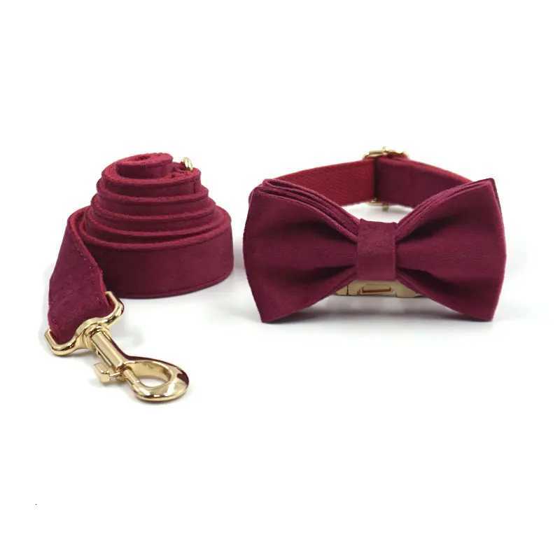 Burgundy Velvet Dog Collar Personalized Thicken Metal Buckle Pet Harness Bow Tie Collar Leash Set with Poop Bag Luxury Dog Gift M251213