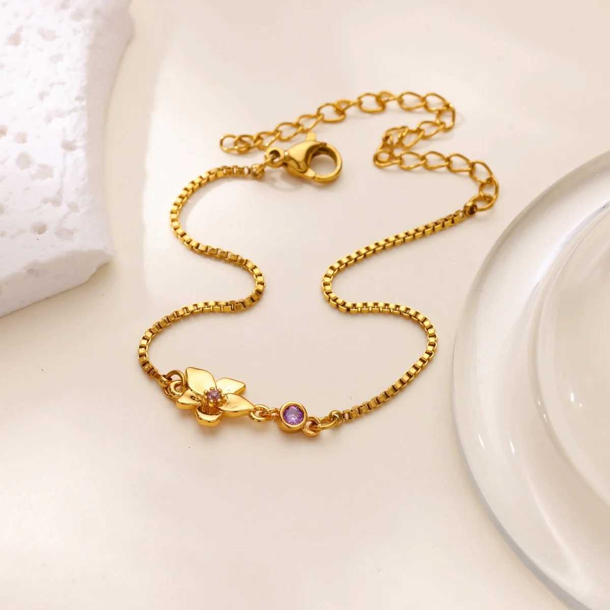 Birth Flower for Women Girl Gold Plated Stainless Steel s Cubic Zirconia Charm Wrist Jewelry Freeshipping Items M251213