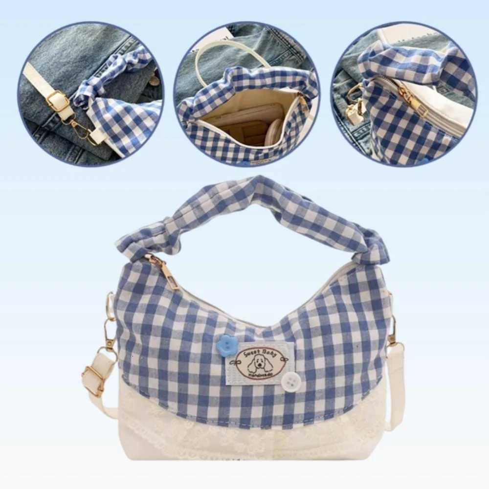 New Lace Plaid Patchwork Handbag French Bow Underarm Bag Small Versatile Cute Sweet Canvas Shoulder Bag Fashion Crossbody BagT251213