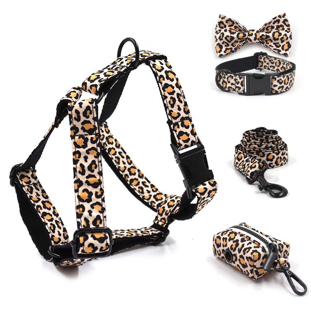 Brown Leopard Dog Harness for Boy Dogs Custom Engraving Pet Collar and Leash Set with Removable Bow Poop Bag Luxury Pet Supplies M251213