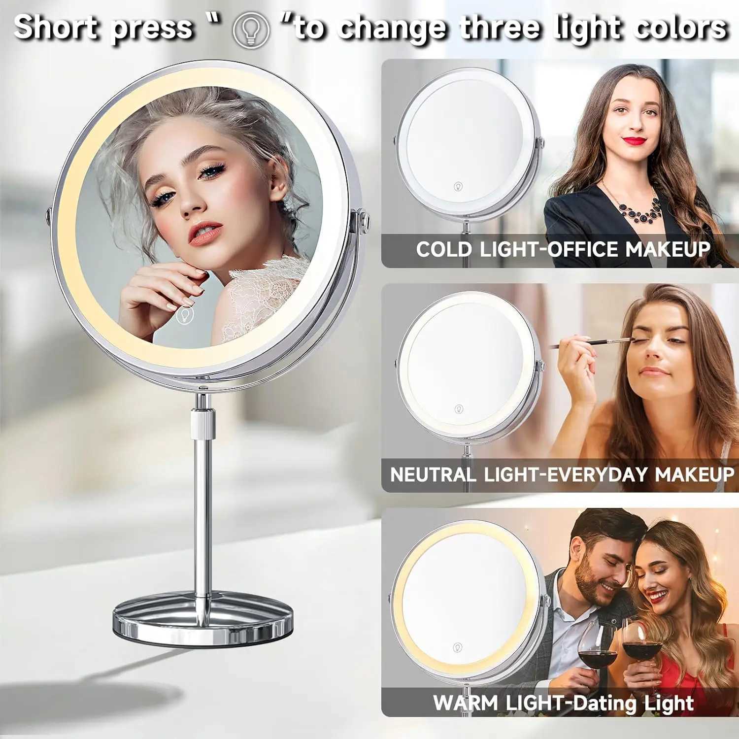 8 Lighted Makeup Mirror Vanity Mirror 2000mAh Rechargeable Height Adjustable 1x/10x Magnifying Double Sided Mirror Women GiftT251213