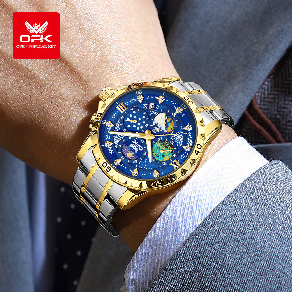 OPK Designer Men's Stainless Steel Waterproof Starry Sky Waterproof Outdoor Sports Watch Men's Student Luminous Single Date Quartz Watchg