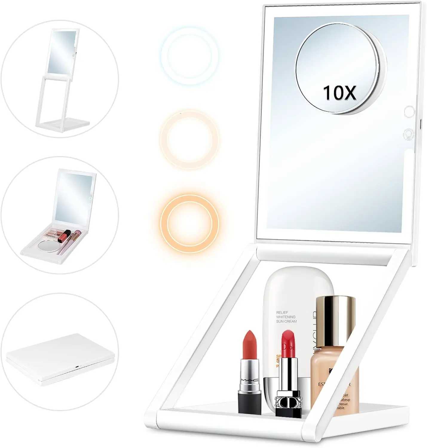 10X Magnification Makeup Mirror with Lights 3 Color Lights Dimmable Folding Touch Screen Tabletop Compact Cosmetic MirrorT251213