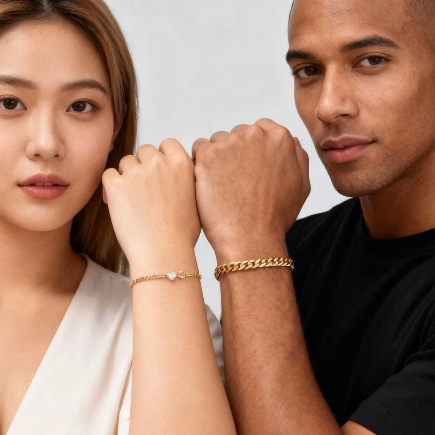 Gold Color Chain for Couple Women MenStainless Steel Heart Shape Zircon Adjustable WristbandValentines Day Gift M251213