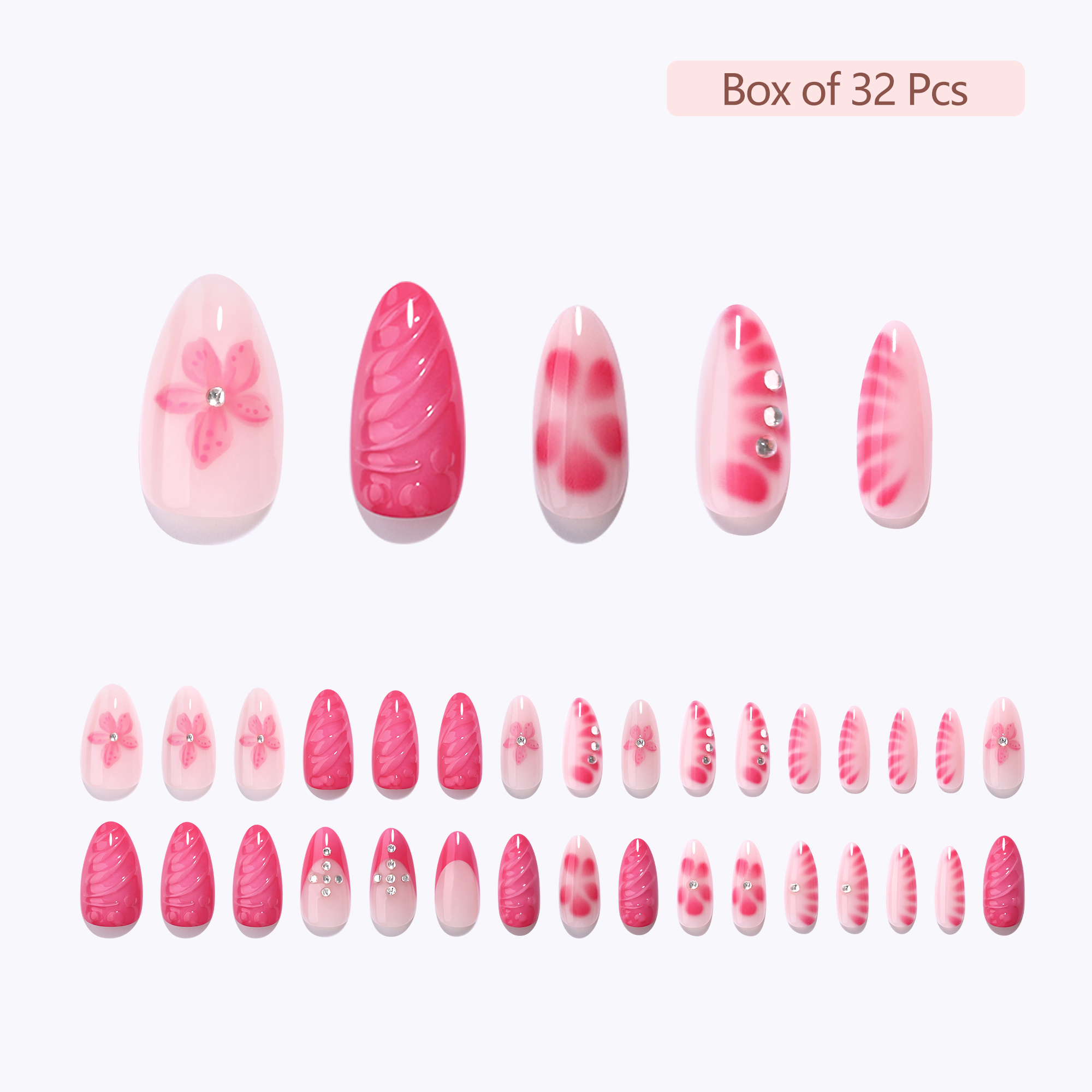 32Pcs Almond Press on Fake Nails Wearable Red Purple Blusher Halo Design False Nails Acrylic Full Over Simple Fashion Nail Tips