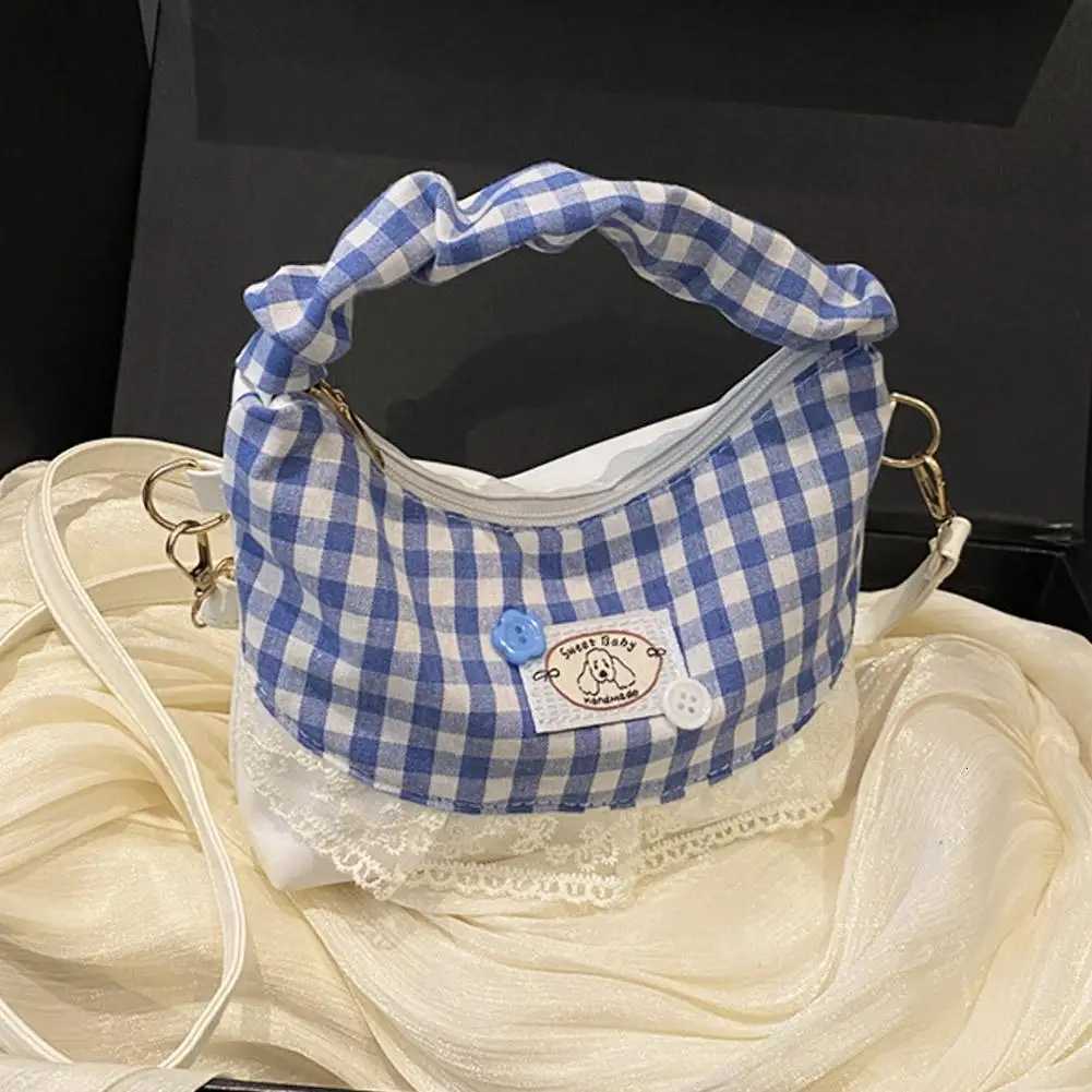 New Lace Plaid Patchwork Handbag French Bow Underarm Bag Small Versatile Cute Sweet Canvas Shoulder Bag Fashion Crossbody BagT251213