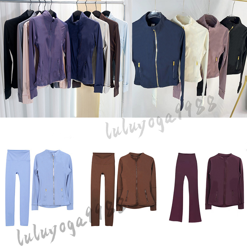 Gold Zipper Yoga Jacket Women Yoga Sets Workout Sport Coat Fitness Flared Pants Long Sleeves Solid Color Black Zipper Gym Jackets Sweatshirt Outfit Sportswear Lady