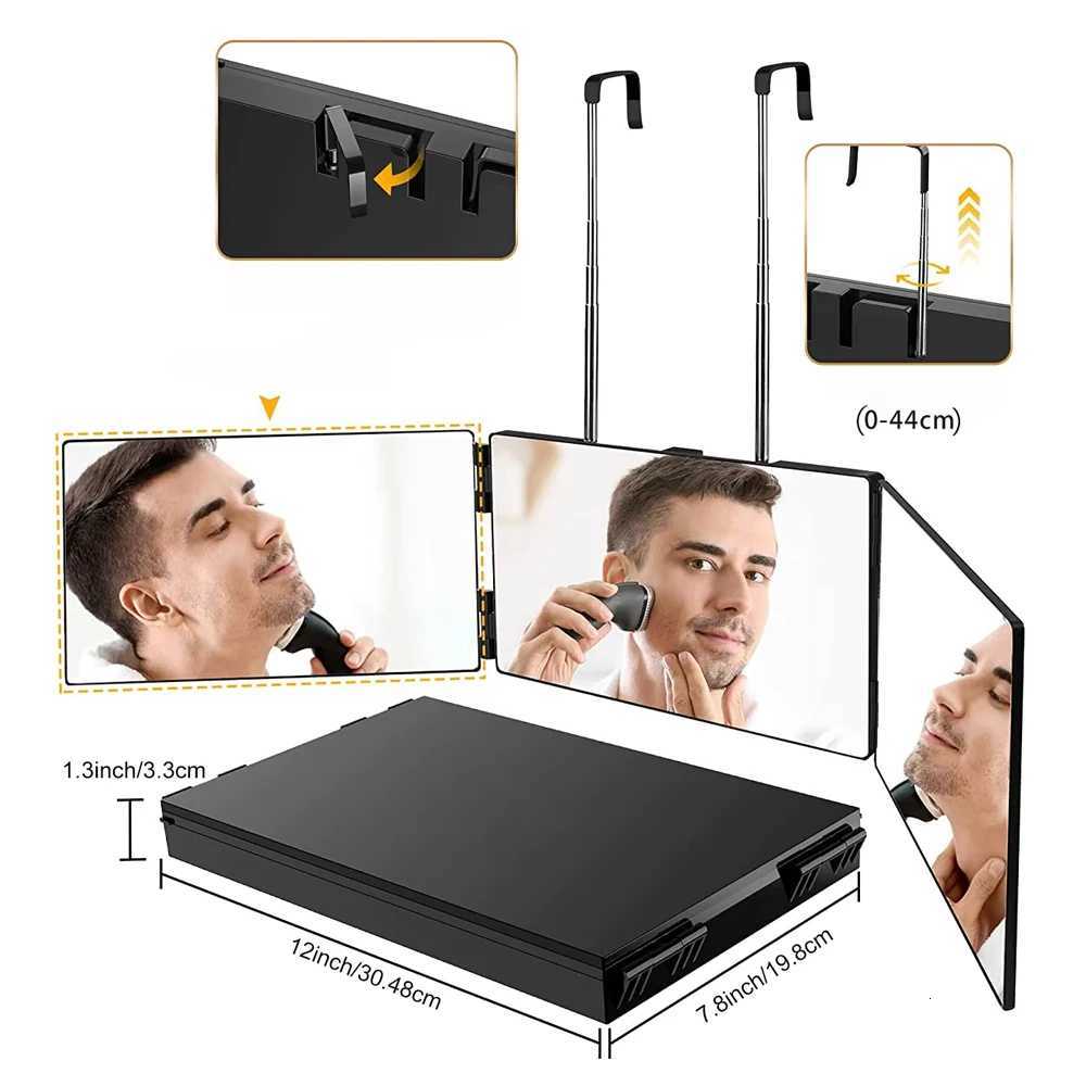 Black Portable 360 Trifold Mirror with Height Adjustable Telescoping Hooks Ideal for Self Hair Cutting Makeup Essential FordableT251213