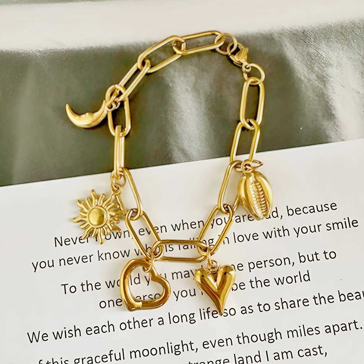Stainless Steel Metal Gold Plated Sun Moon Heart For Women Trendy Wrist Chain Handmade Jewelry Gift Party M251213