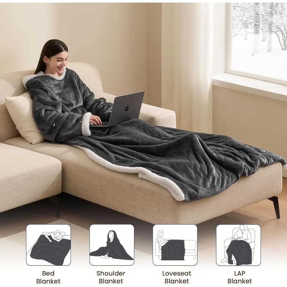 10-Level Adjustable Heated Wearable Blanket with Sleeves Foot Pockets - Grey Flannel Robe for Adults 50x75 inches Y251212