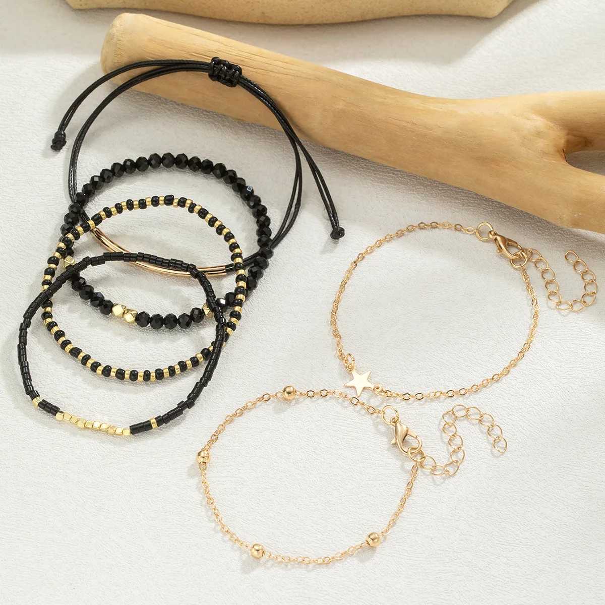 6Pcs Black Beads Chain Set For Women Gold Color Star Charm Elastic Bangle Female Fashion Jewelry Gift M251213
