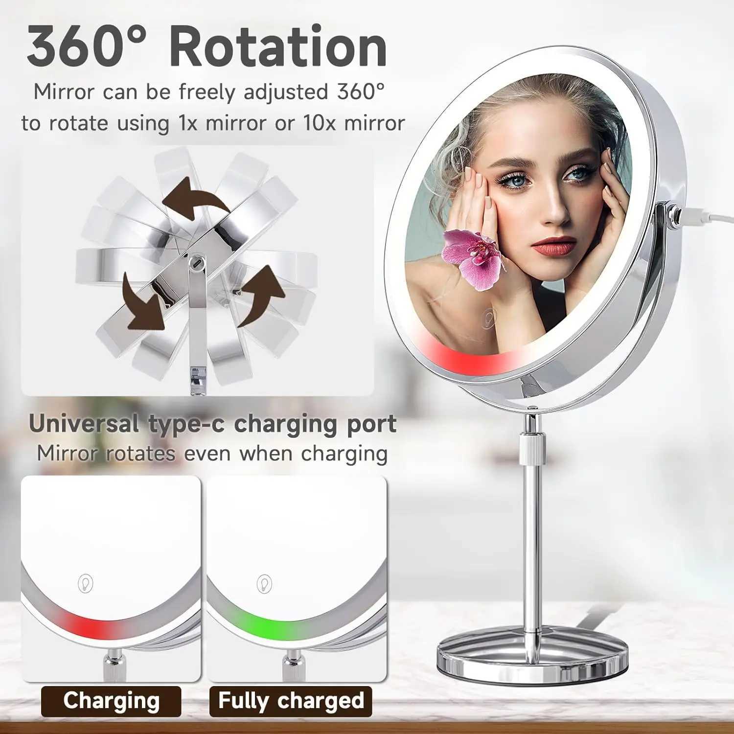 8 Lighted Makeup Mirror Vanity Mirror 2000mAh Rechargeable Height Adjustable 1x/10x Magnifying Double Sided Mirror Women GiftT251213