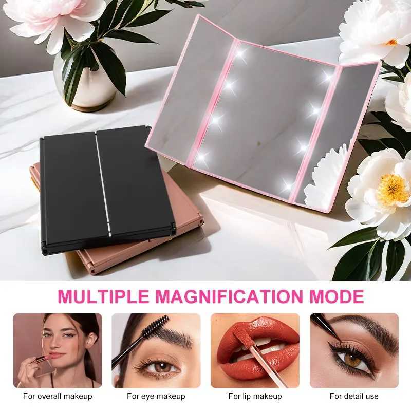 Portable LED Three Sided Makeup Mirror Folding Design Travel Vanity Cosmetic Mirror with Adjustable Stand for On-The-Go BeautyT251213