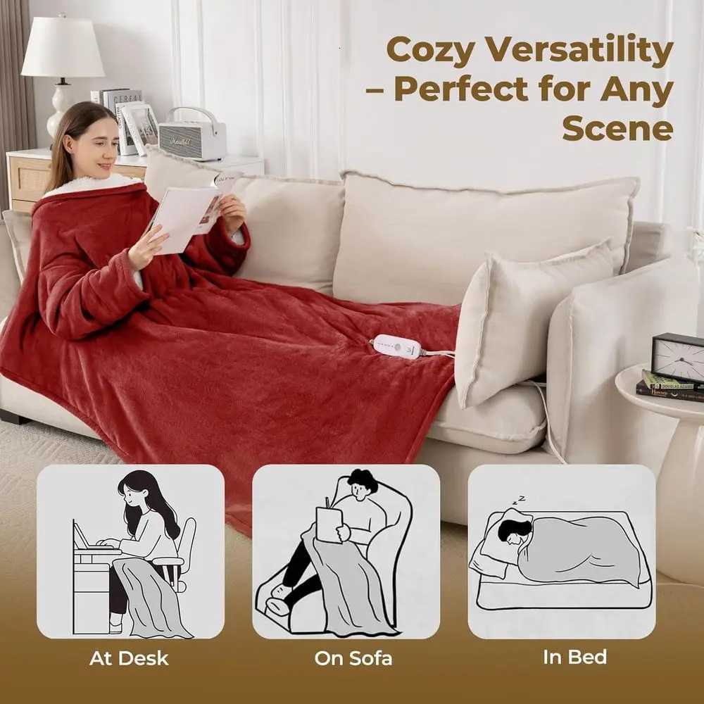 Heated Blanket with Foot Pocket Sleeves 5-Setting Electric Robe Auto-Off Washable 50x70 Red Y251212